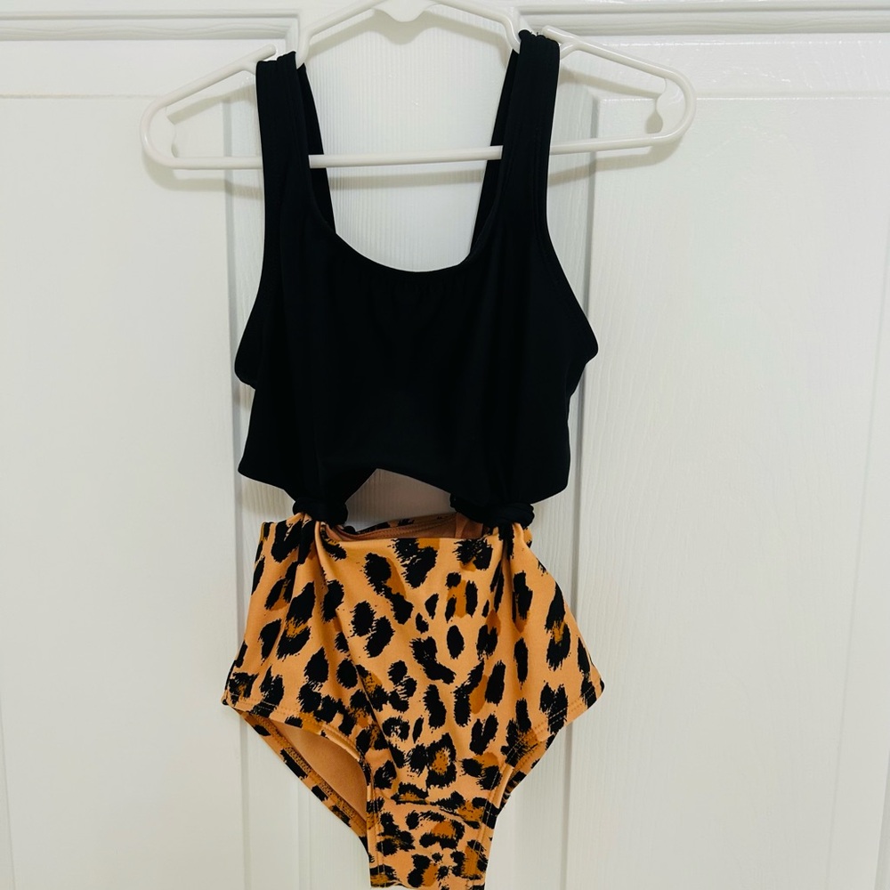 Girls Black and Leopard Print Swimsuit